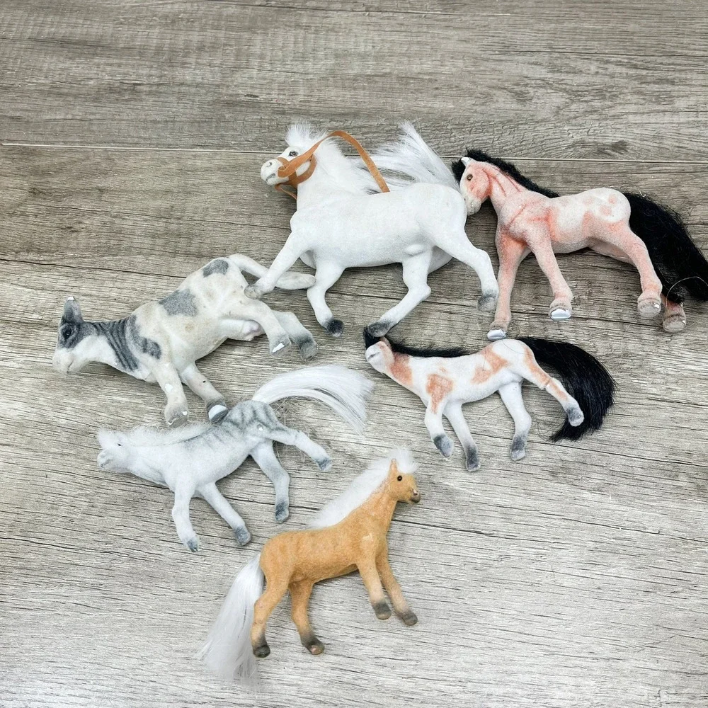 Vintage Flocked Horse and Cow Figurines Lot of 6 Fuzzy Farm Animals Toy Set